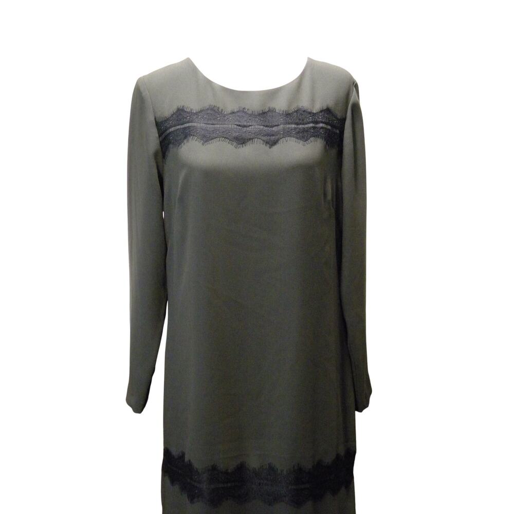 Ann Taylor Classic Shift Dress Olive Green‎ Black Lace Long Sleeve Midi Size 10